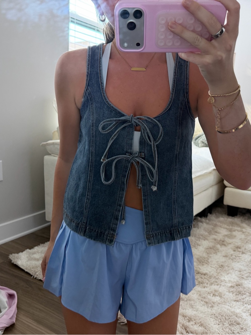 Denim Tie-Front Sleeveless Top - Blue